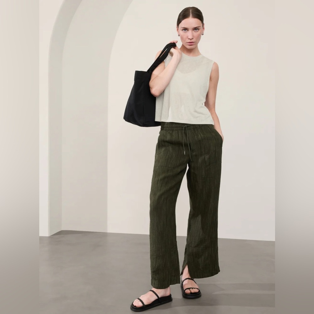 Retreat Linen Mid Rise Wide Leg Pant - Aspen Olive - Size L-Tall
